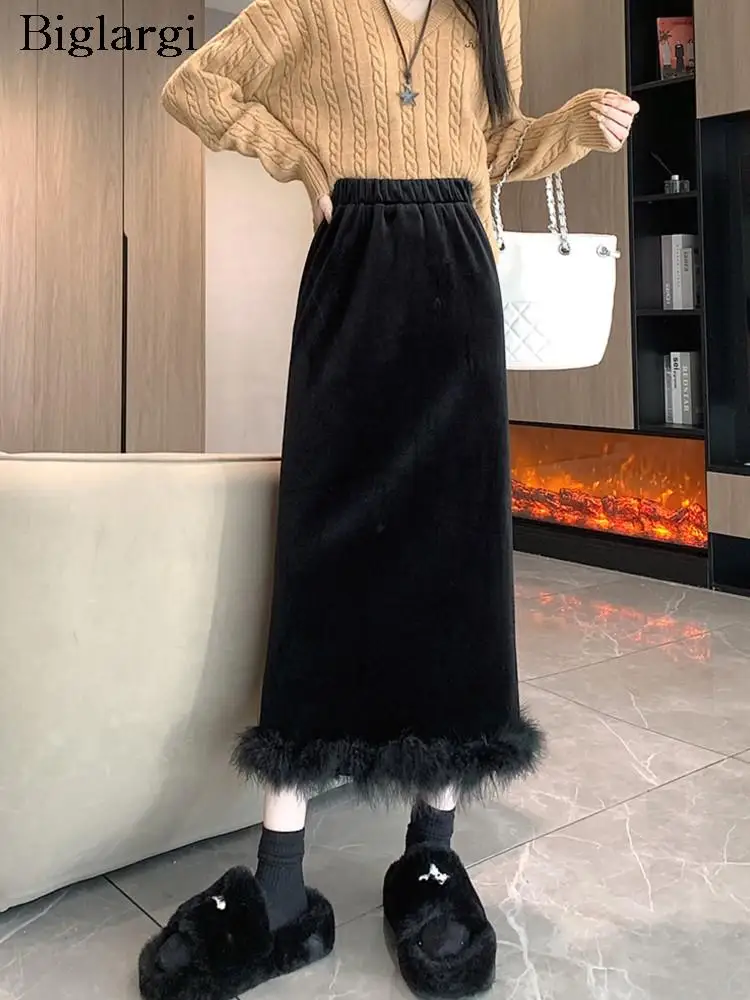 

Autumn Winter Velvet Plush Long Skirt Women Furry Patchwork Fashion Split Ladies Skirts Elastic High Waist Slim Woman Skirt 2023