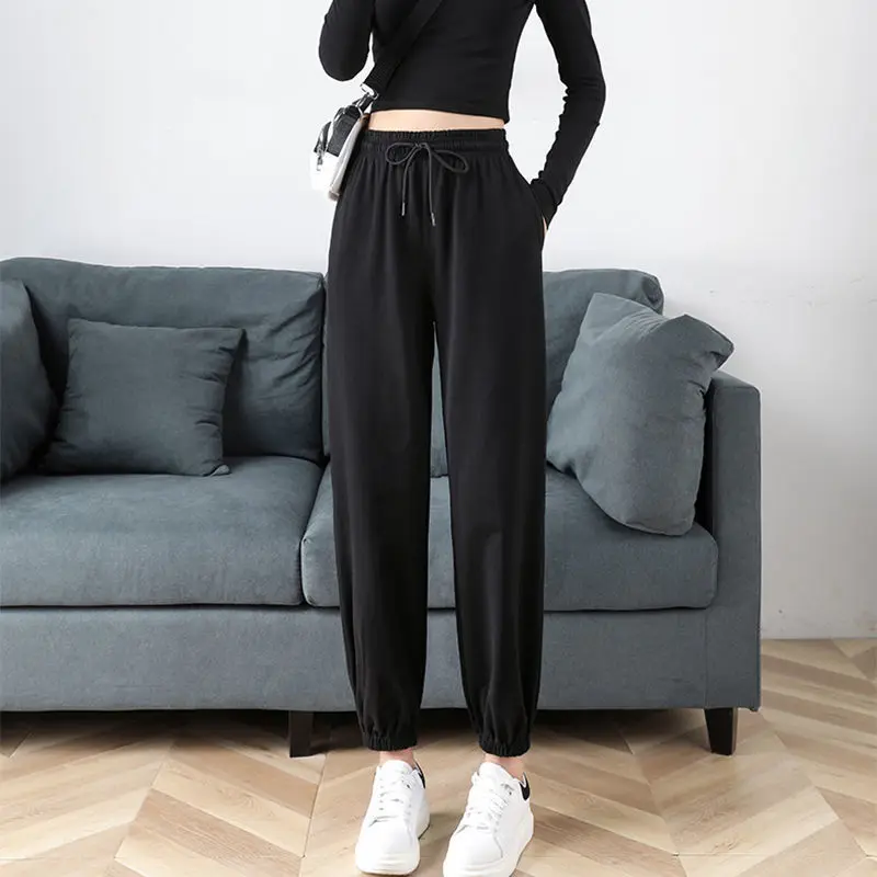 Spring and Autumn Women's Elastic High Waist Solid Pocket Drawstring Letter Embroidery Plush Thickened Harlan Trousers Pants 2023 autumn high waist pregnant women belly pants beam foot leisure trousers loose harlan trousers maternity abdominal pants