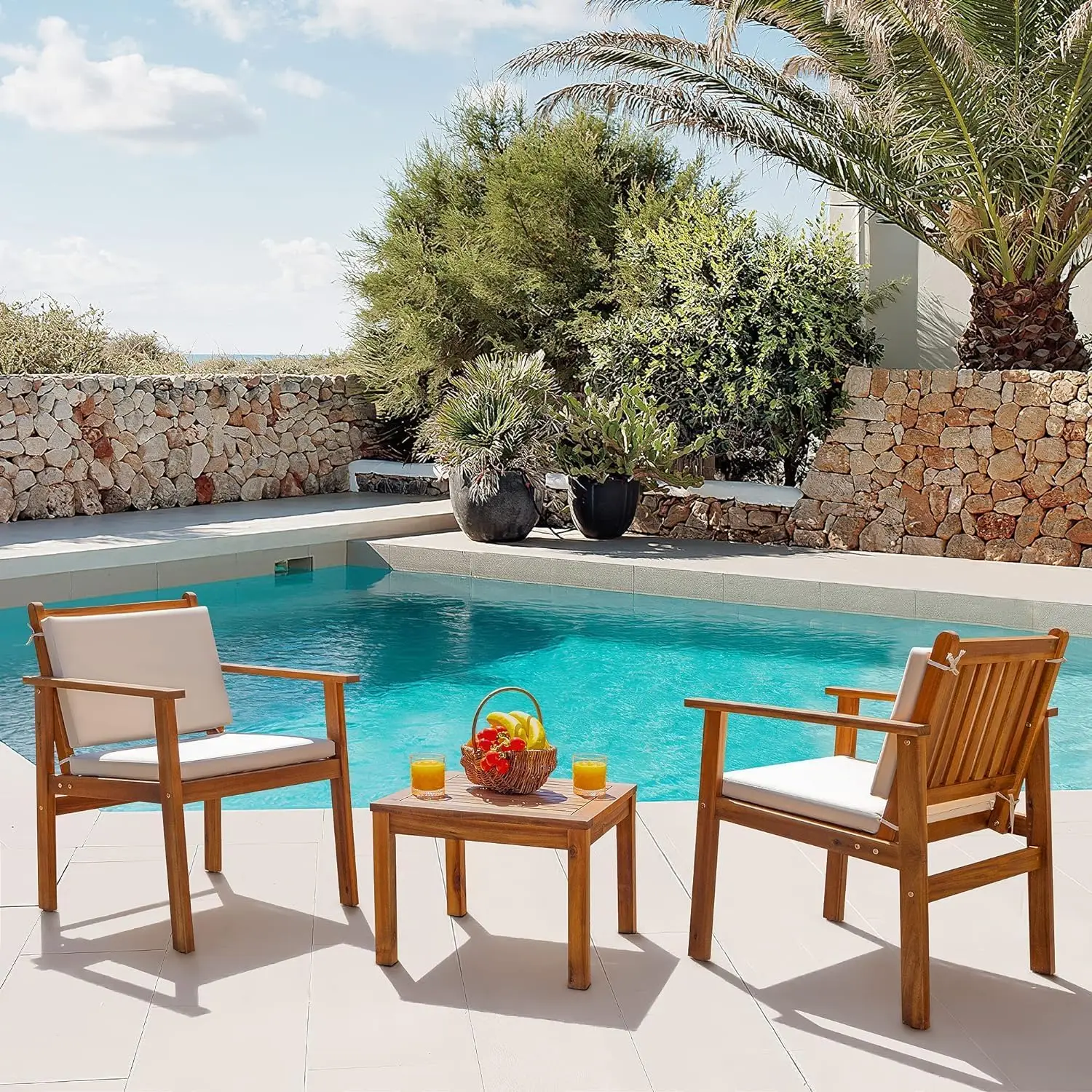 

Patio Set 3/4 Piece Acacia Wood Outdoor Furniture Conversation Seat with Table & Cushions Porch Chairs for Balcony, Beige