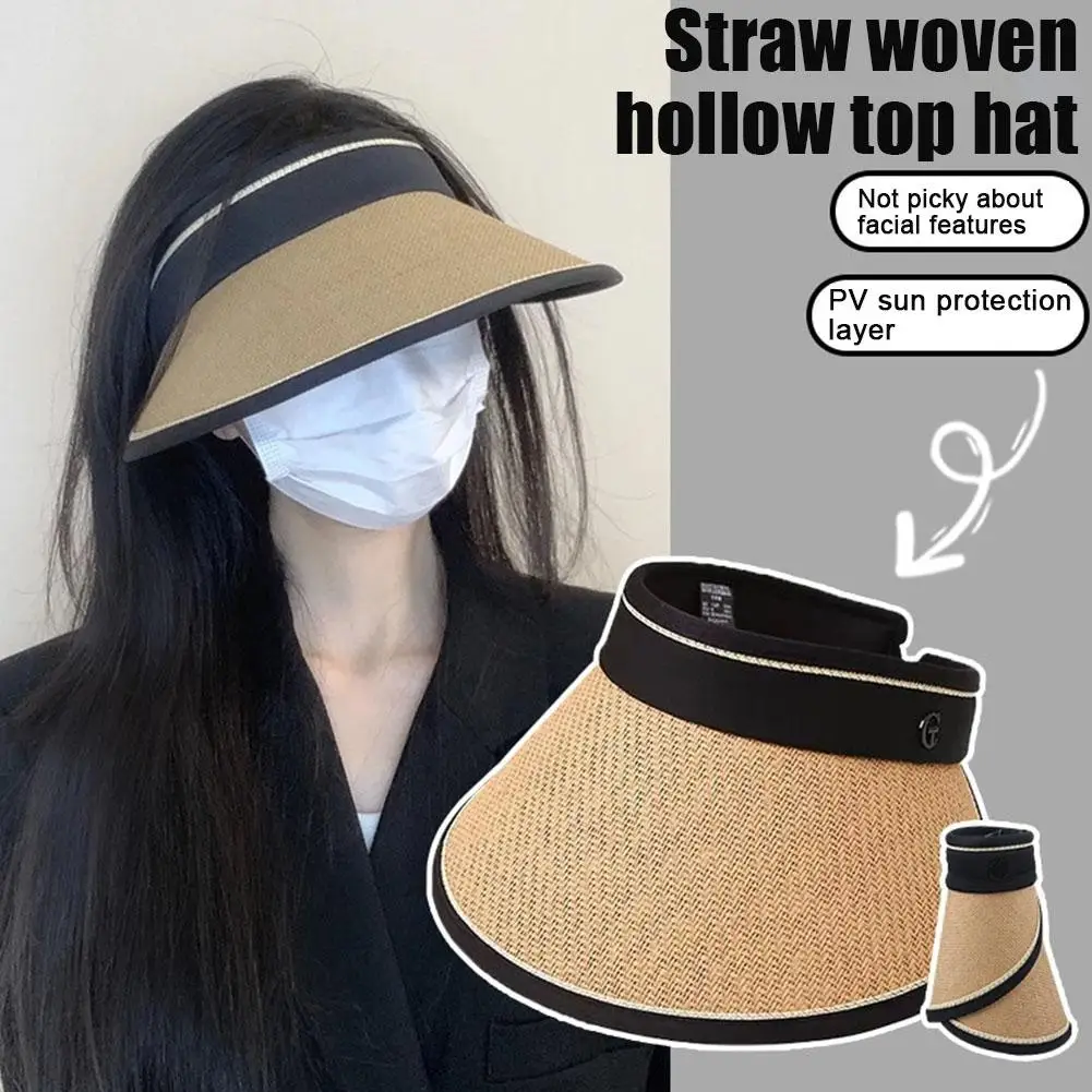 Summer Women Straw Hat Foldable Sun-proof Hat Fashionable Casual Large Brim Black Rubber Sunshade Hat Travel Cycling Sun Hat 2