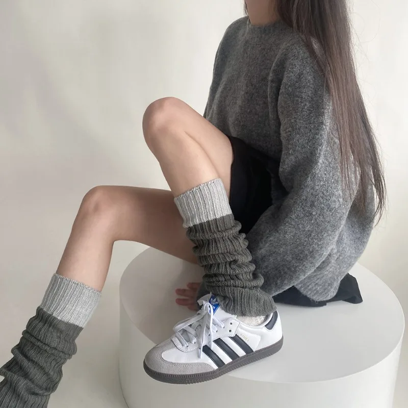 

Knitted Socks Cover Spring and Autumn Wool Contrasting Stitching Leg Cover Simple and Pile Socks Gray Warm Socks Set Calf