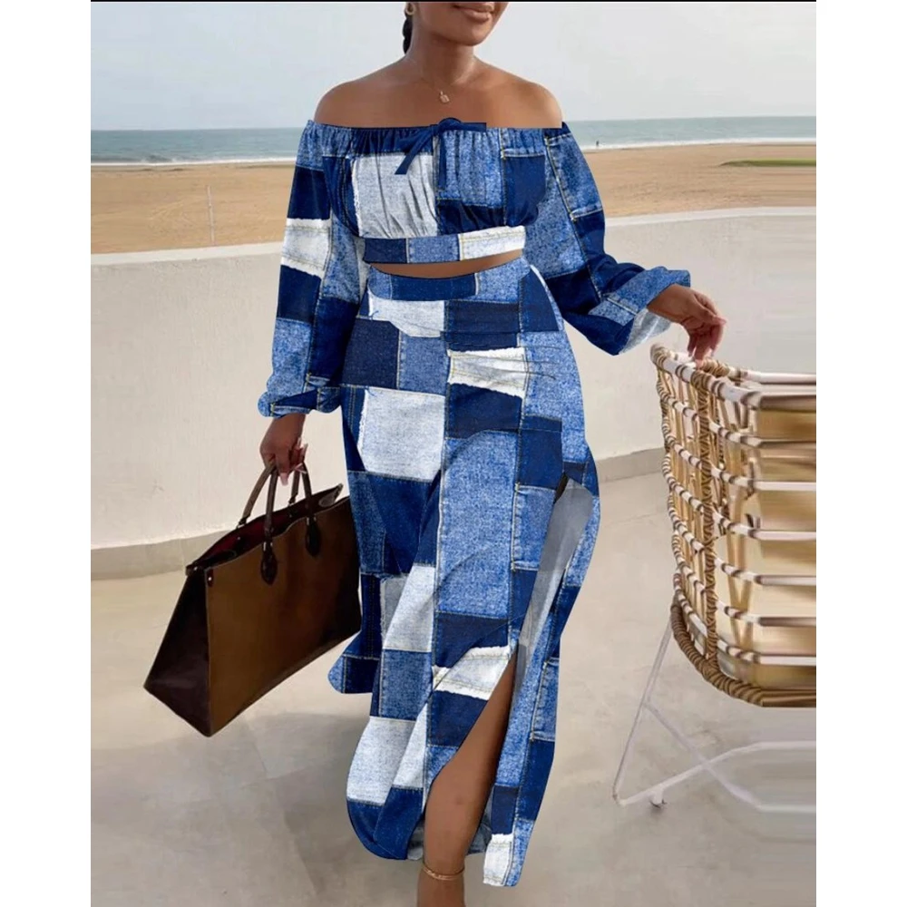 Summer Korean Style Two Pieces Dress Set Women Denim Look Print Drawstring Off Shoulder Ruched Long Sleeve Top & Slit Skirt Set