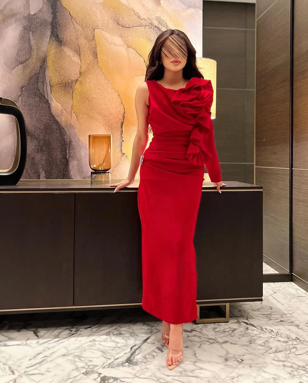 

AsaNagi Red Evening Dresses O Neck One Shoulder Flower Ankle-Length Women Elegant Simple Party Dress Saudi 2023 فساتين السهرة