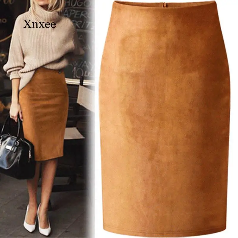 

Sexy Multi Color Suede Midi Pencil Skirt Women 2018 Fashion Elastic High Waist Office Lady Bodycon Skirts Saias