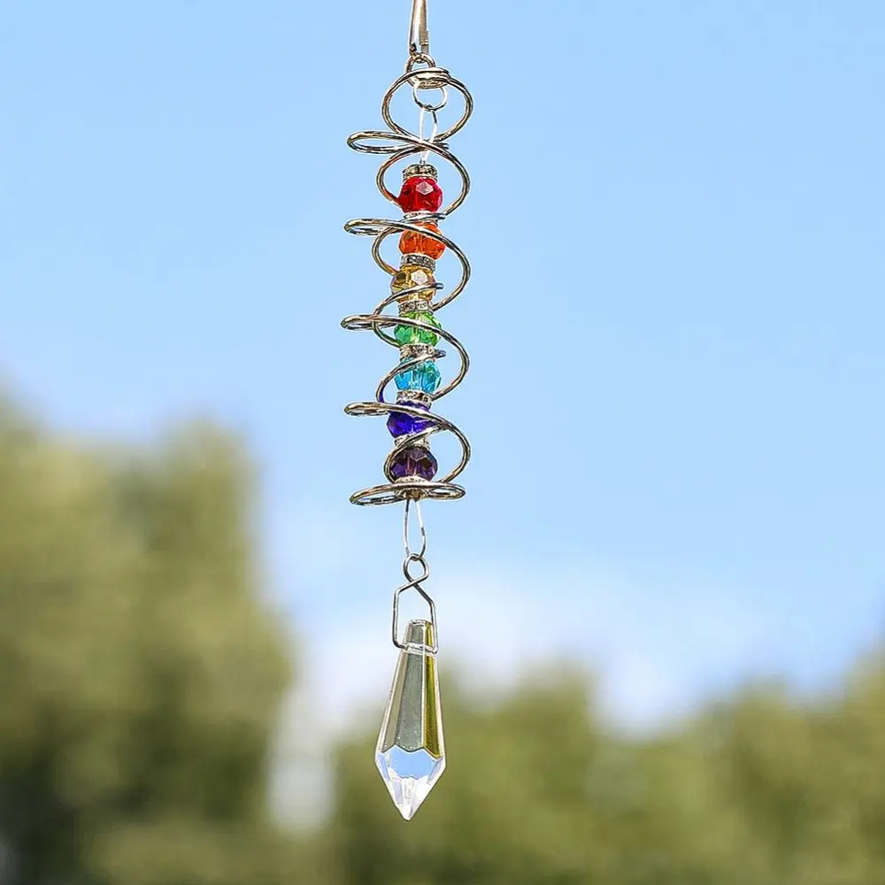 Creative 3D Spiral Tailwind Crystal Suncatcher Rotating Rainbow Maker Spinning Crystal Ball Eternal Power Pendant for Outdoor