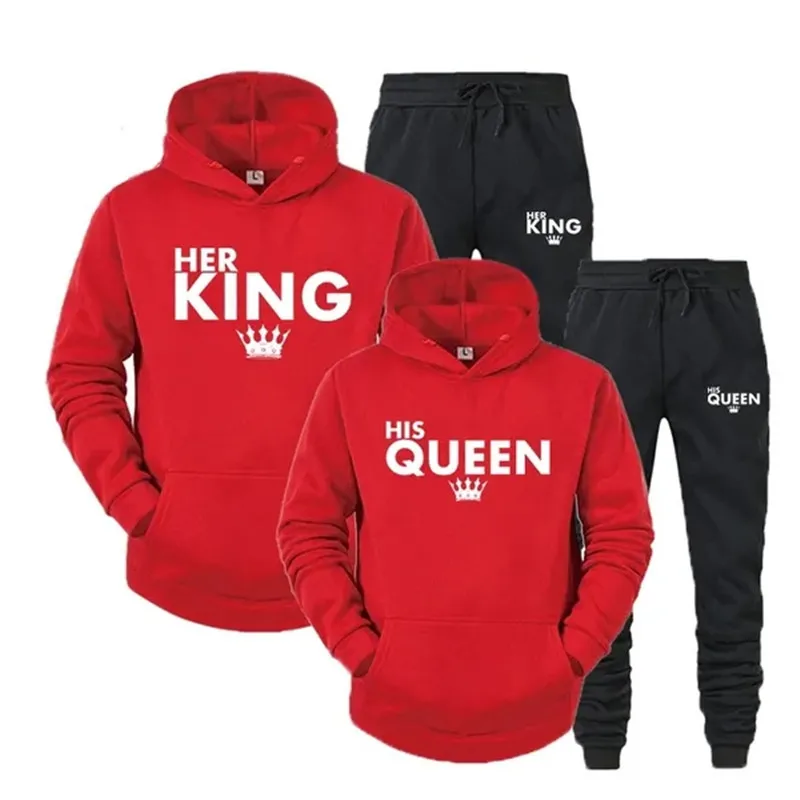 Men's And Women's Long Sleeves Lover Her QUEEN or His KING Printed Couple Hoodies Suits Sweatshirt + Sweatpants Two Piece Set