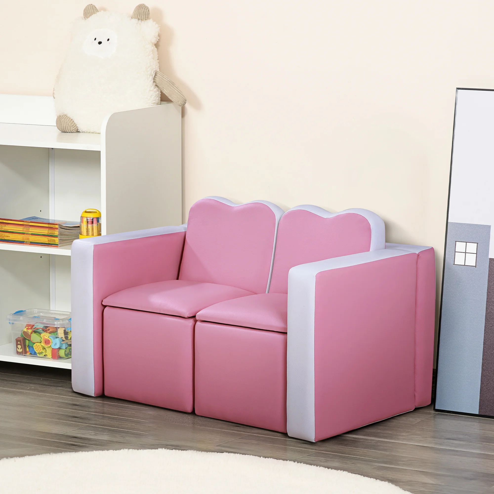 Kids Leather Sofa Armchair Multi-functional Table Chair Set Storage Pink 2