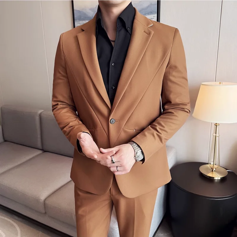 (Jacket+Pant) New Men Pure Color Business Social Wedding Party Suit Fashion Male Banquet Party Slim Fit Dress Blazer and Trouser