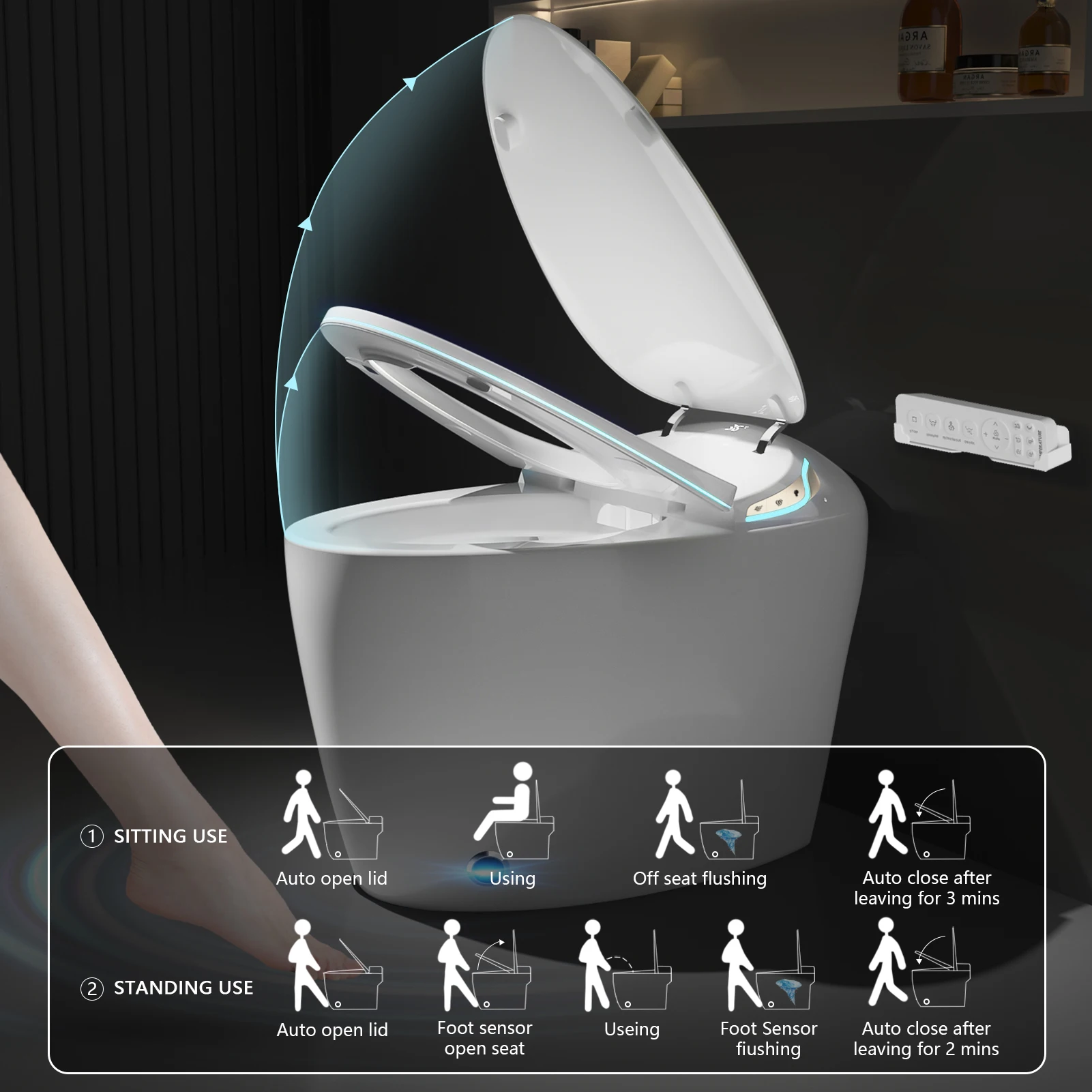 Intelligent Toilet with Bidet Built in for Bathrooms, Toilet with Warm Water Sprayer & Dryer, Foot Sensor Operation, Heated