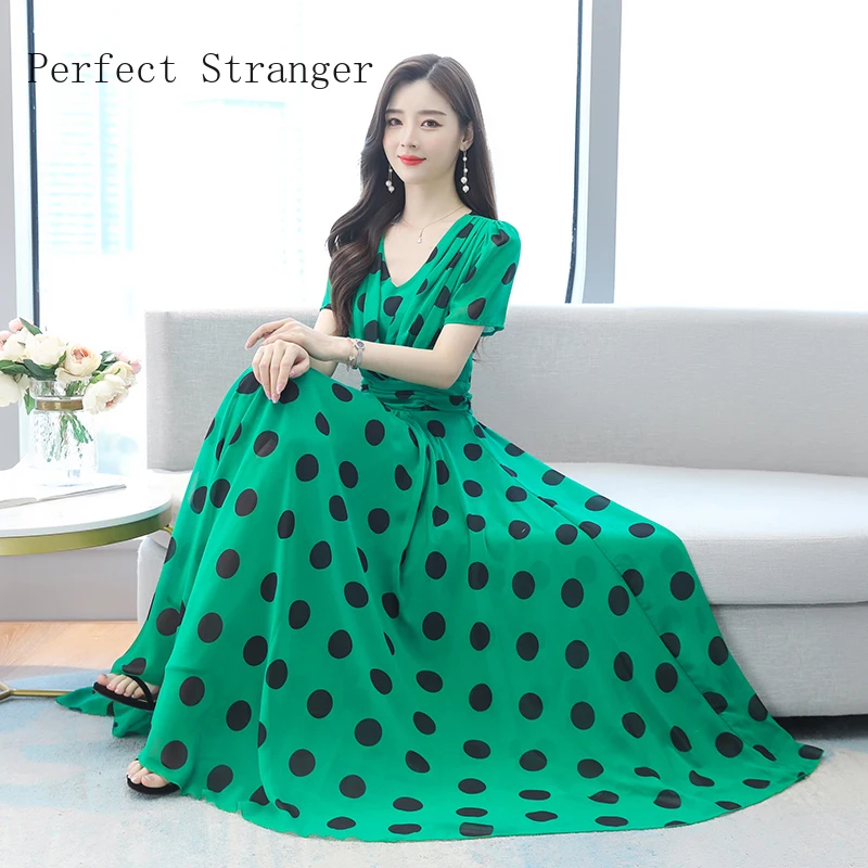 

High Quality 2023 Summer Dress For Women V Collar Dots Printed Short Sleeve Women Chiffon Long Dress