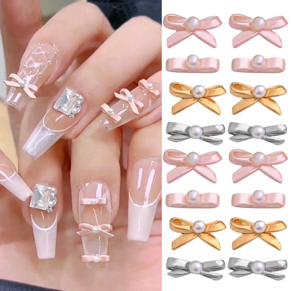 

10Pcs Ballet Dancing Shoes Bowknot Nails Charm French Ballerina Girl Bow-Tie Nail Art Decoration Alloy Pearl Bow Manicure Parts