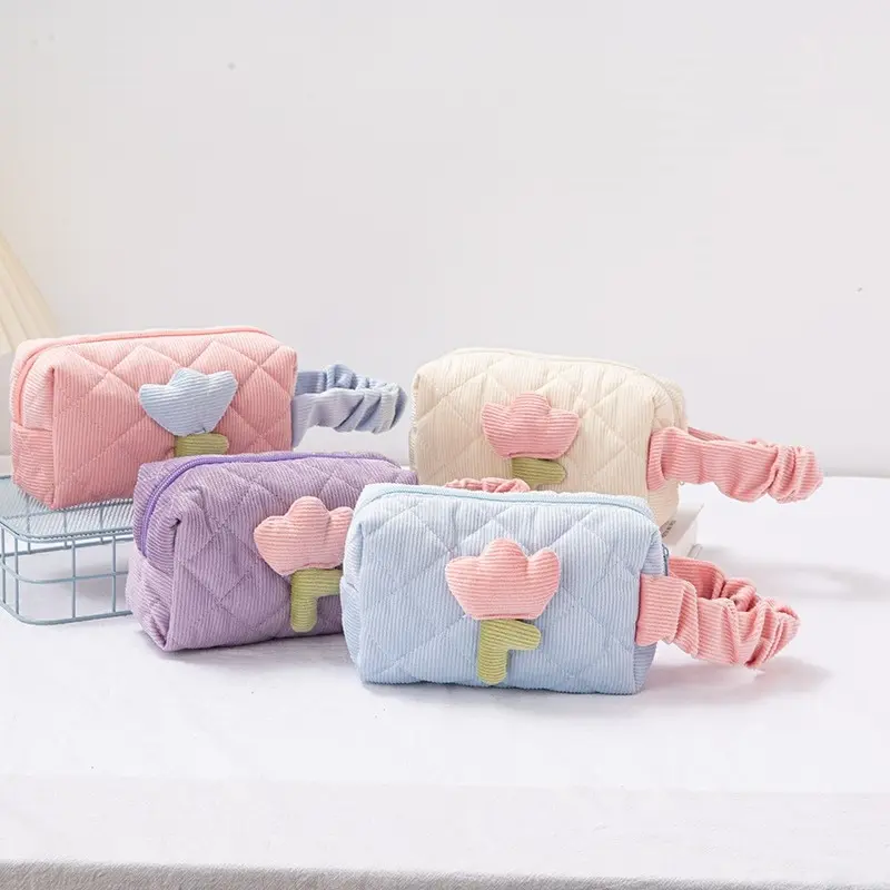 Cosmetic Bag Makeup Bag Set 1 Set Solid Color Flower Zipper Corduroy for Female Travel