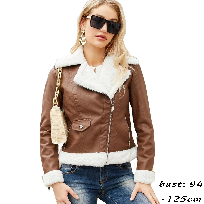 high quality short leather jacket coat for women fur lining big size slim motorcycle jacket new 2023 winter clothing black brown