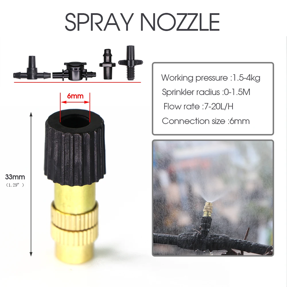 20-300PCS Adjustable Brass Misting Nozzle 1/4'' Barb Tee Connector Copper Spray Head for 4/7mm 8/11mm Hose Greenhouse Watering