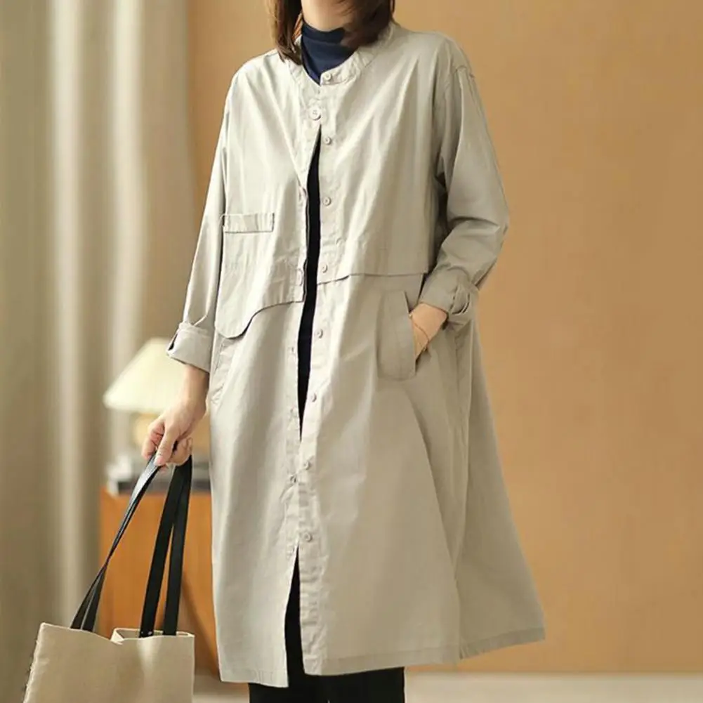 

Women Fall Spring Coat Loose Solid Color Stand Collar Long Sleeve Plus Size Mid Length Single-breasted Pockets Lady Trench Coat