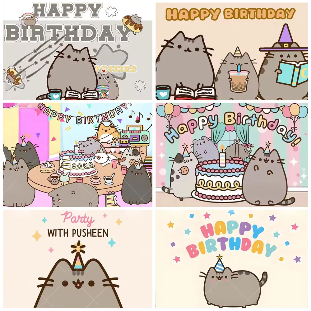 Cartoon süße fette graue Katze Kuchen alles Gute zum Geburtstag Banner benutzerdefinierte Kindergeburtstag Party Dekor liefert Babyparty Fotografie Hintergrund