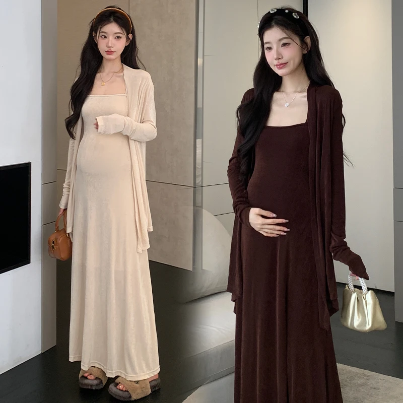 봄맞이 임부복 세트 2026년 초봄 신상 슬리밍 탄력 홀터넥 드레스 숄 가디건 투피스 세트 (임산부용)