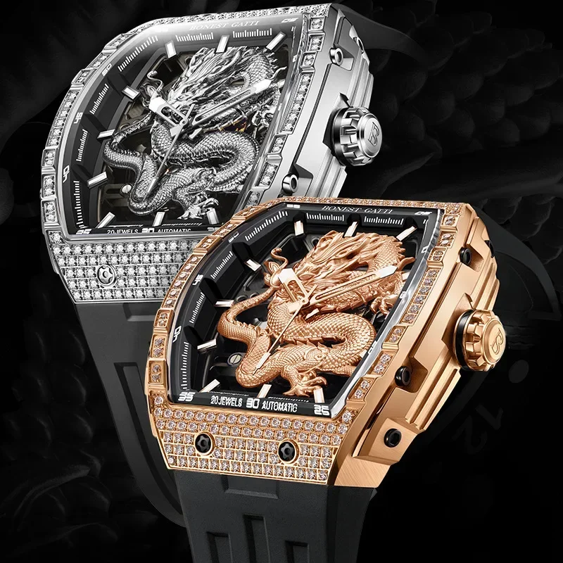 BONEST GATTI watch men's personalized dragon watch relief inlaid diamond temperament fashion mechanical