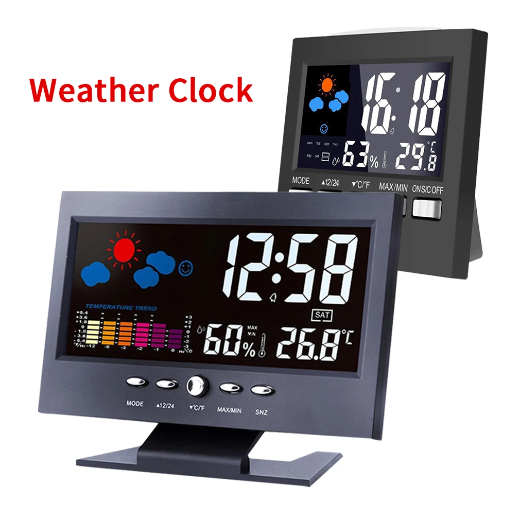 Digital Clock Thermometer Hygrometer Weather Station Alarm Clock Temperature Gauge Colorful LCD Calendar Voice-activated lcd digital clock,weather clock,digital desk clock,digital clock,weather station display,mini weather clock,digital table clock