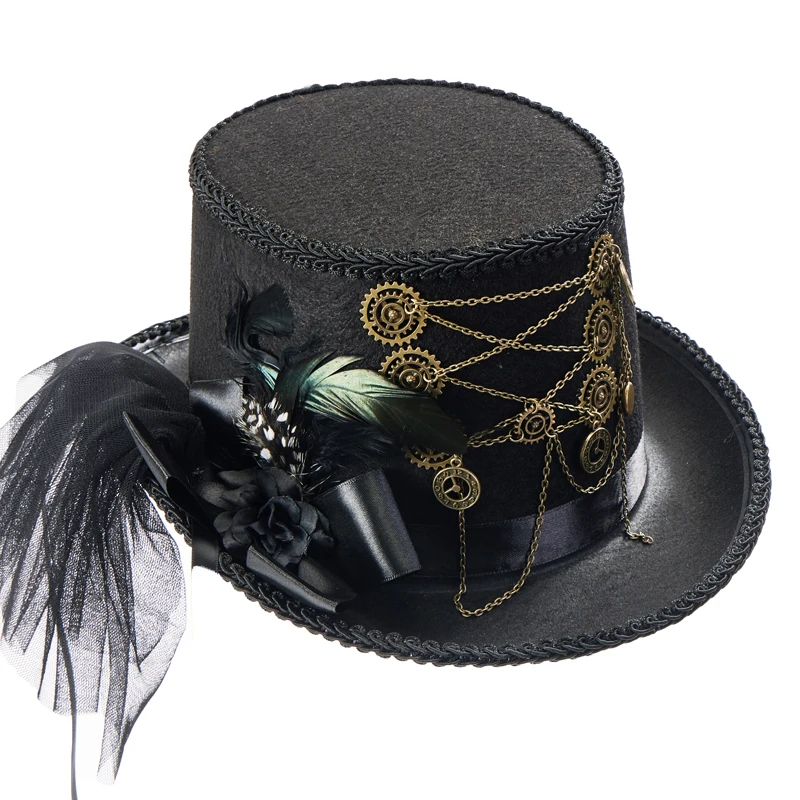 

Steampunk Gears Chains Top Hat Lolita Gothic Feather Veil Hats Halloween Party Costumes Fedroa