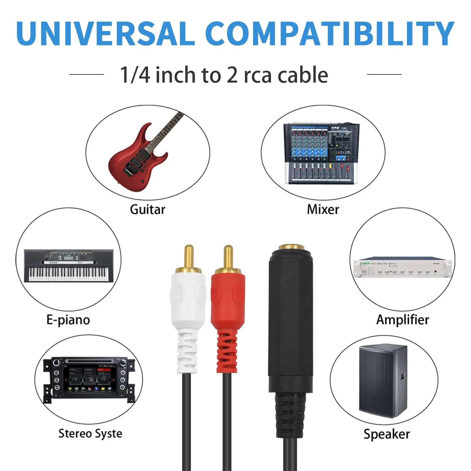 Youii Cavo Audio 6,35mm Jack TS Mono A 2 RCA Maschio – 3 Metri – Per Chitarra, Mixer, Amplificatore