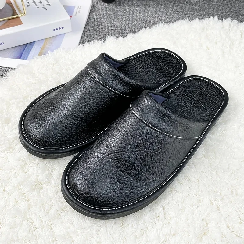 Black Home Leather Slippers Men's Indoor Flats Waterproof Autumn