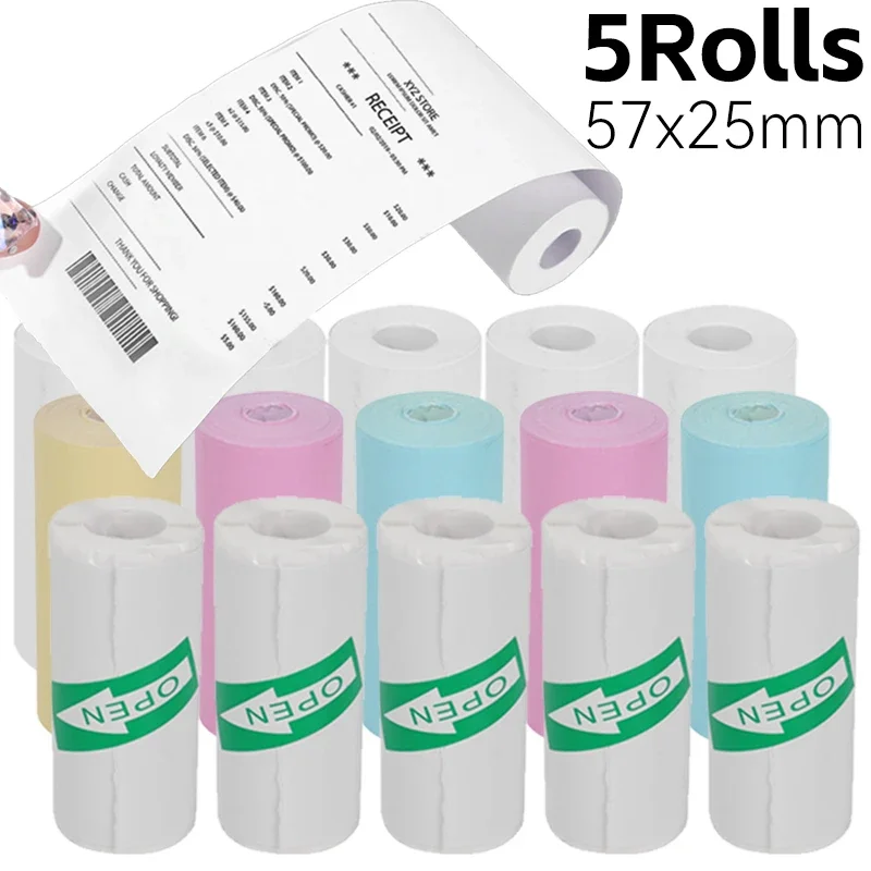

5-1 Rolls Printer Papers 57x25mm Self-adhesive Thermal Papers HD Color Label Printers for Inkless Student Study Mini Printer