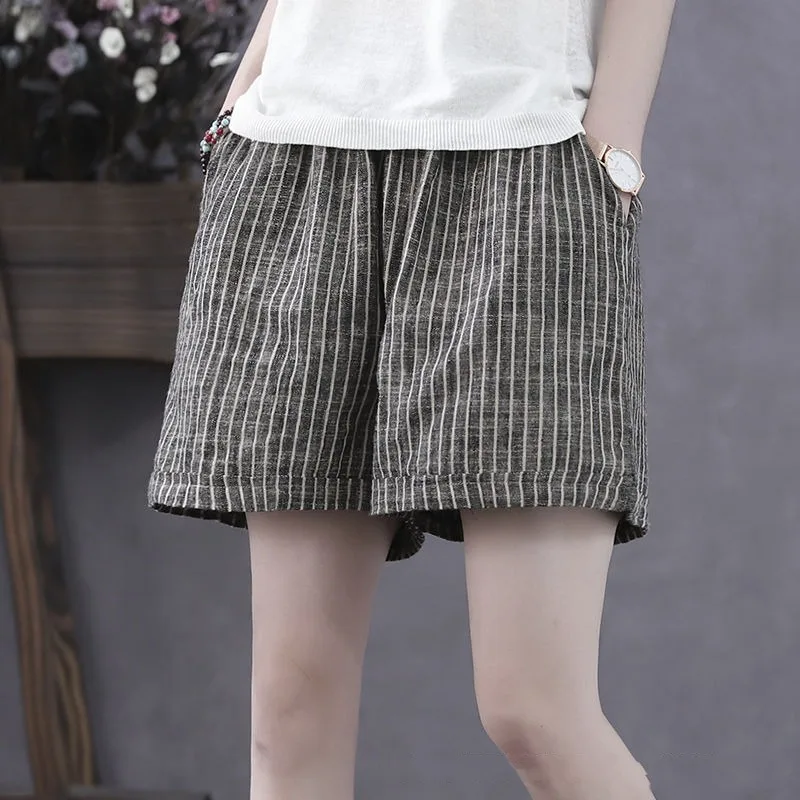 Summer Women's 2024 New Patchwork High Waited Elasticized Striped Pockets Fashion Elegant Loose Casual Straight Leg Shorts