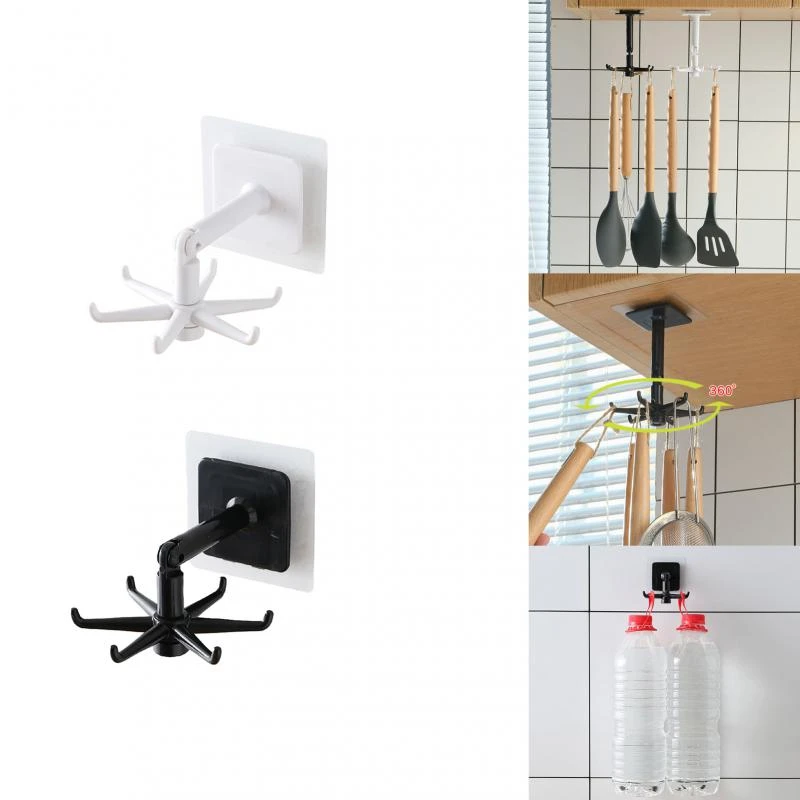 Crochet de rangement pour ustensiles de cuisine auto-adhésif, crochet rotatif 360 °, sans poinçon, crochet de rangement mural pour porte, sac, vêtements