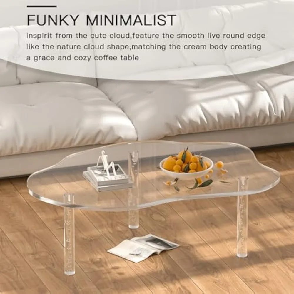 Acrylic Cloud Shaped Coffee Table, Modern Irregular Waterfall Transparent Coffee Table Furniture, with 3 Solid Bubble Legs 3