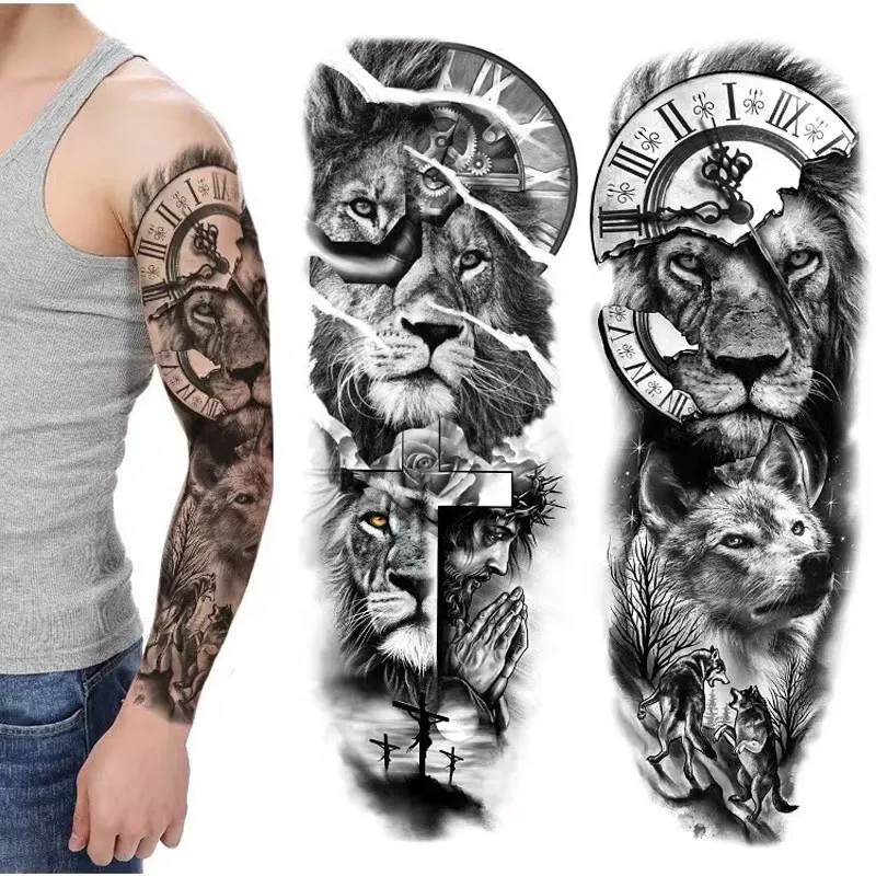 

Full Arm Temporary Tattoo Wolf Large Totem Tribal Big Sleeve Tattoo Sticker Body Art Sexy Tiger Lion Tattoo Design For Men Women