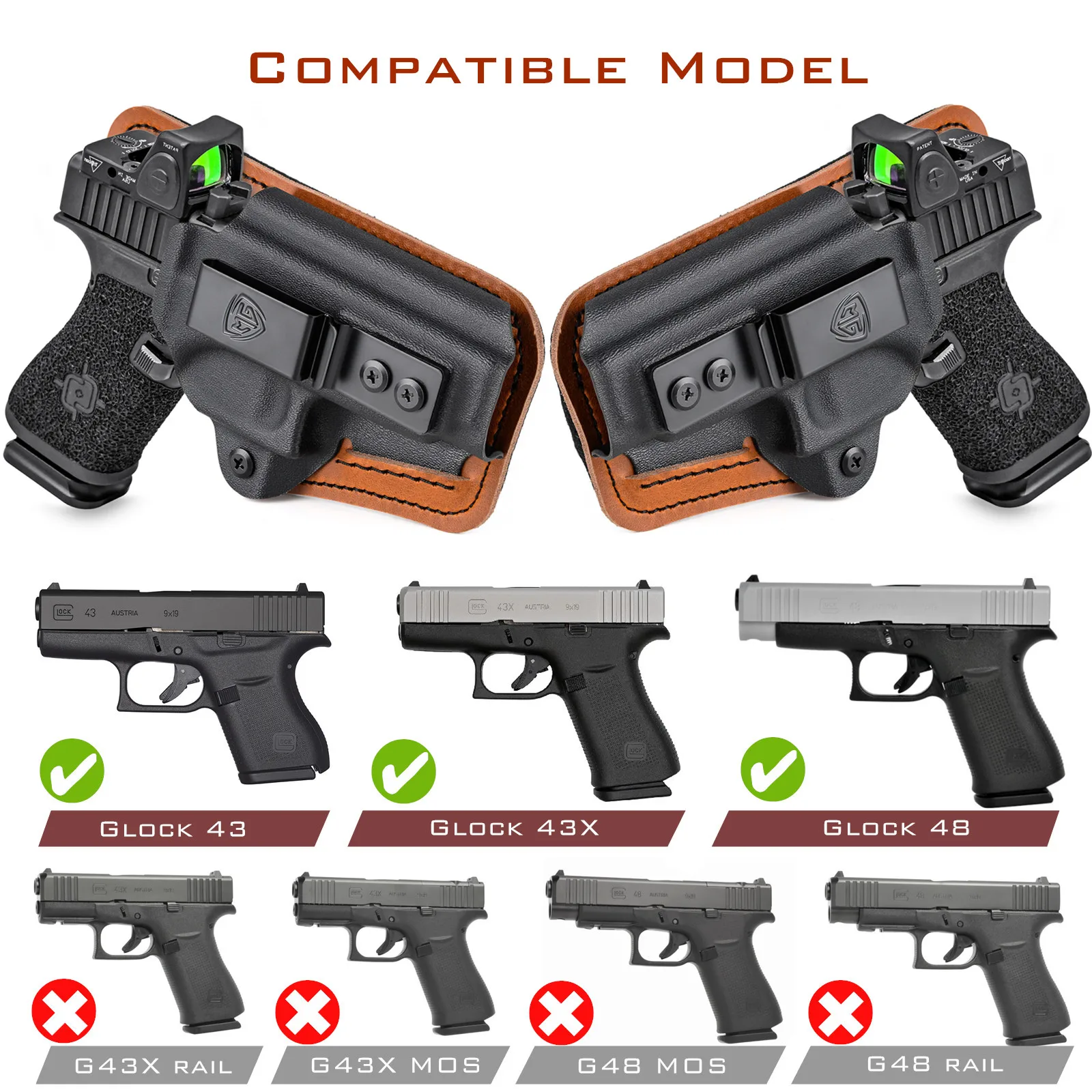 G43/G43X Holster with Comfort Pad Backer, IWB Kydex Leather Hybrid