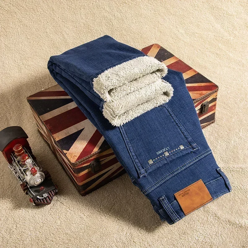 2024  Loose Straight Stretch Cashmere Trousers Denim Multiply  New In Fleece Jeans Thick Warm New Winter Men's PantsPlus Size 2