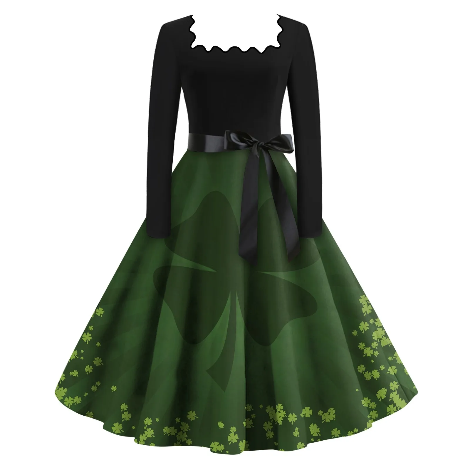 

Women's Casual Fashion Square Neck Long Sleeve St. Patrick's Day Printed Vintage Dresses Women Fashion faldas 스커트 Streetwear