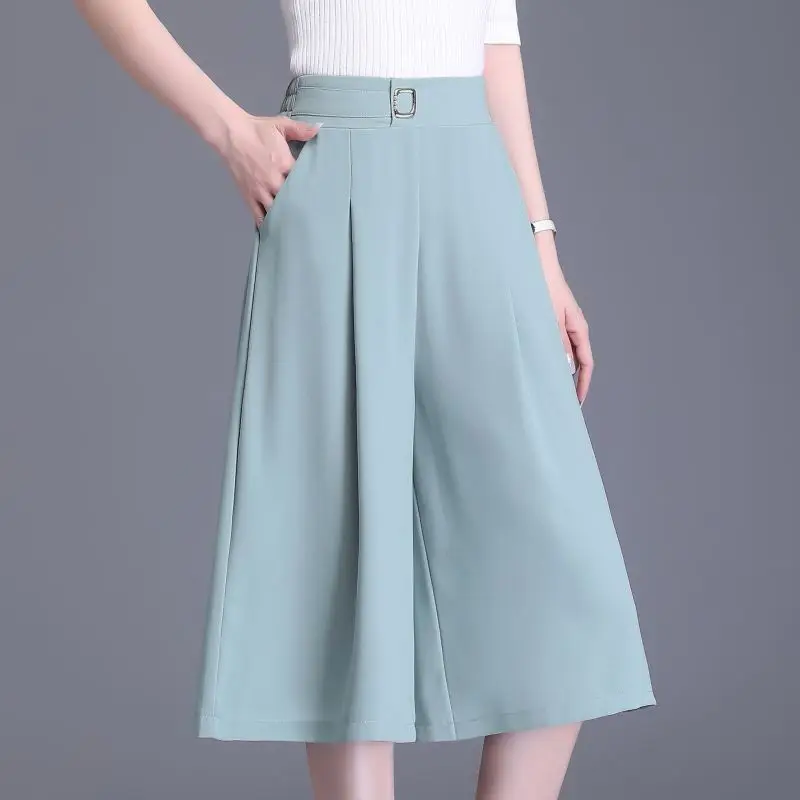 New Summer Elegant Pocket Solid Color High Waist Wide Leg Pants Ladies Temperament Bright Line Decoration Elastic Waist Pants