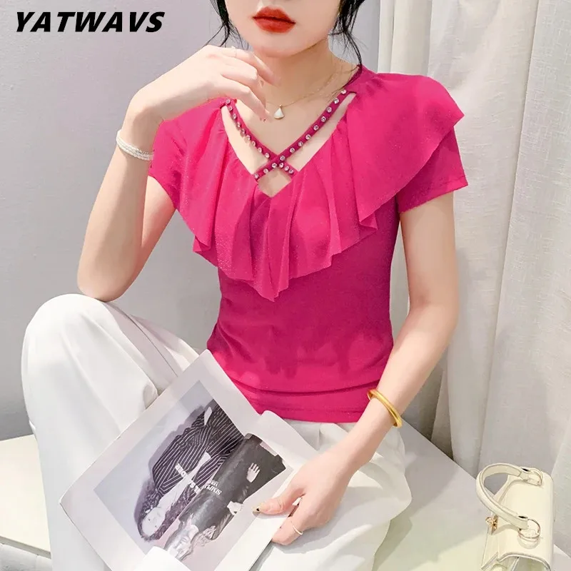 

Sweet Women Summer Mesh T-shirt Chic Sexy Hollow Out V-Neck Hot Diamonds Tops Short Sleeve Stretchy Fashion Classic Female Tops