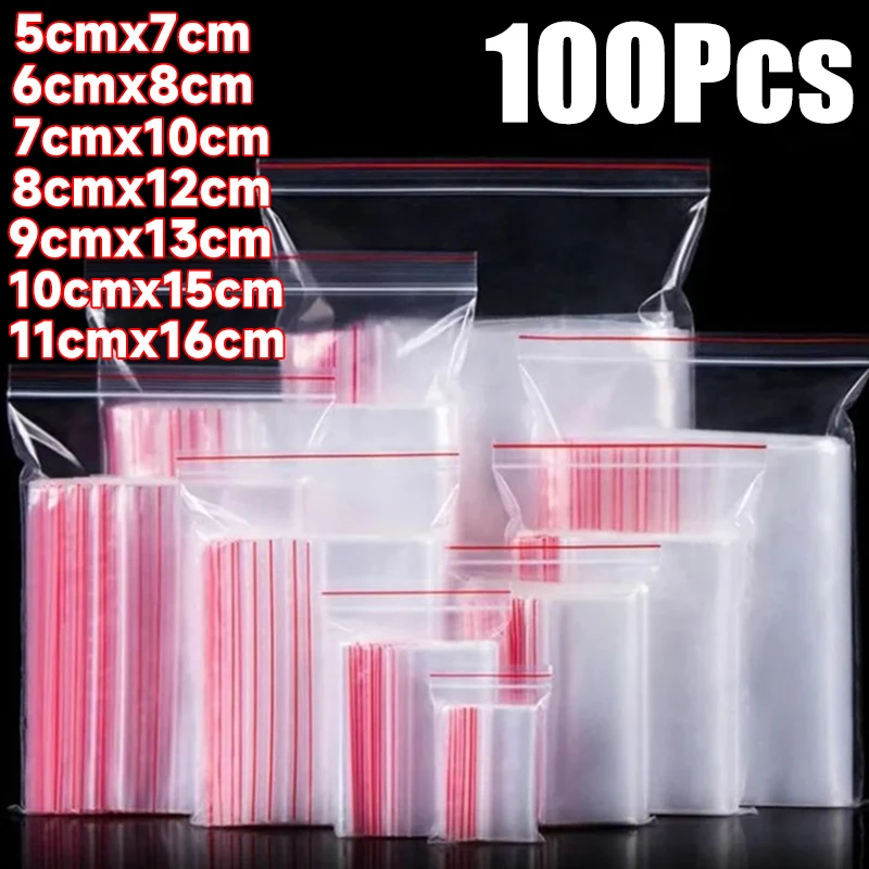 Multi Size Small Zip Lock Plastic Bags Universal Reclosable Self Seal Plastic Reclosable Poly Bags Vacuum Fresh Pouch 100Pcs