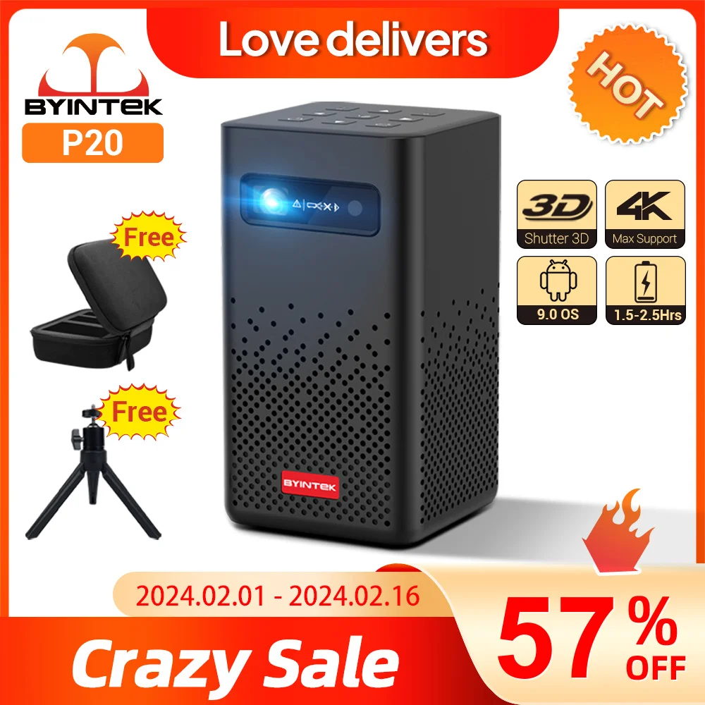 Byintek P20 3D 4K Cinema 1080P Smart Android Wifi Led Dlp Home Theater Mini Proiettore Portatile Esterno Con Batteria