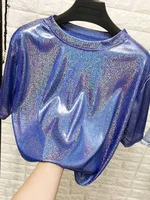 summer woman tops shiny loose short sleeve t-shirt sexy club aesthetic harajuku women stylish bright silk tshirt - Image 4