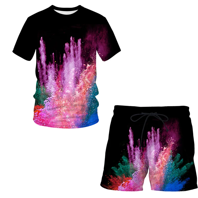 

Summer trend men's suit casual beach shorts suit Splash tie dyeing 3D printing short suit ordinary O-neck T-shirt 2-piece set