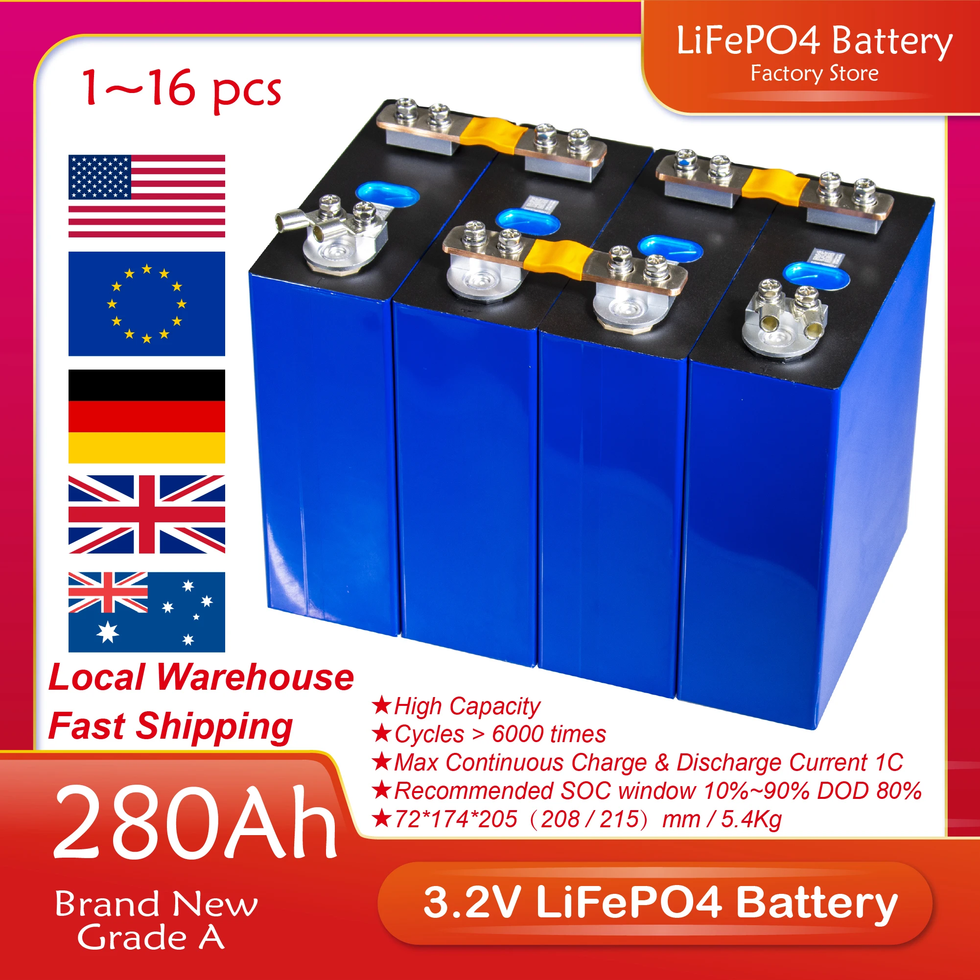 

3.2V 280AH 4/8PCS Prismatic Battery LF280K A Grade Brand New With Busbar DIY 48V 24V 12V Batteries Pack For RV EV EU Stock