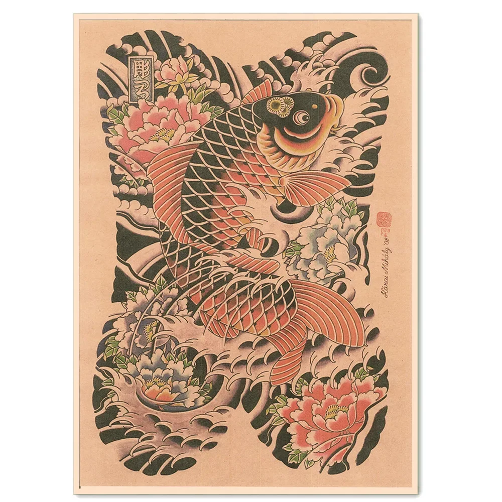 Carp Ukiyo-E Tattoo Art Wall Hanging Pictures Vintage Kraft Paper Poster Poster And Prints Home Decor Pittura Room Wall Sticker