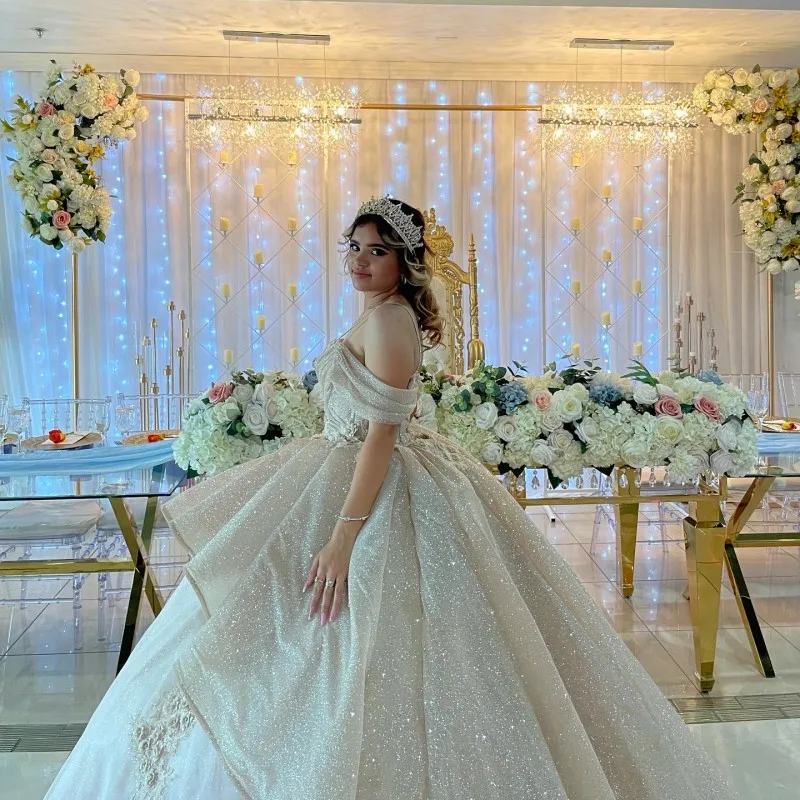 

Блестящее бальное платье цвета слоновой кости, платья для Quinceanera, платья для выпускного вечера, кружевное милое платье принцессы с цветами 3d 16, платья 15 лет