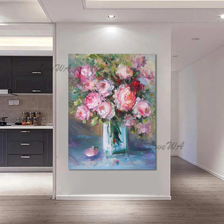 

Pink Acrylic Wall Abstract Art Replica Famous Painting Frameless Quality Artwork Picture Canvas Oil Painting Flowers In Vases