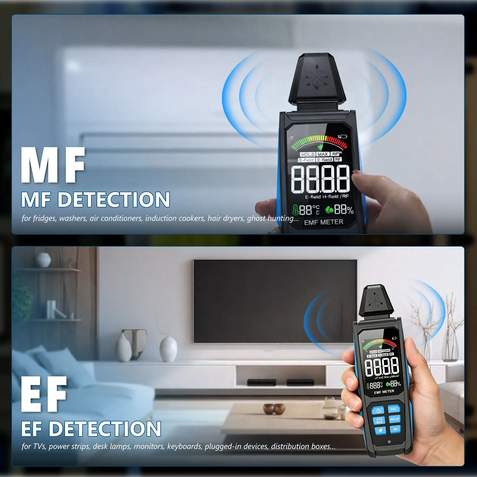 EMF 감지기, EF RF MF 감지용, 디지털 LCD 디스플레이, uT mG/V/m pW/cm² 측정, 가정용 3-in-1 충전식 EMF 측정기