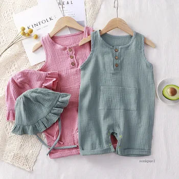 2Pcs/Set Baby Summer Clothing Solid Newborn Infant Romper With Hat Muslin Cotton Sleeveless Baby Boys Girls Jumpsuit Outfits 1