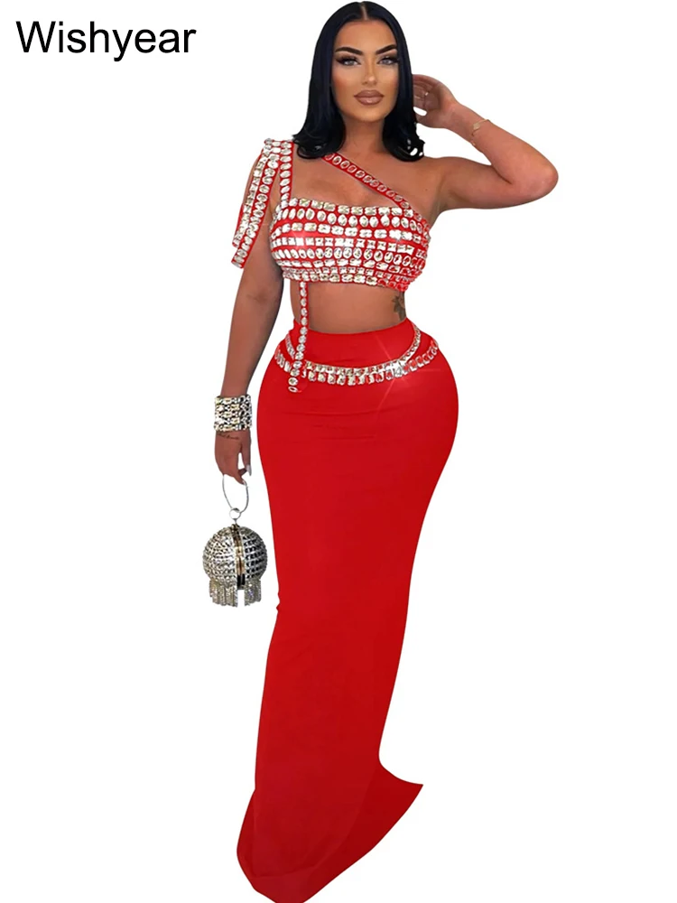 Luxury Celebrities Evening Club Outfit for Women Sexy Black Single Shoulder Diamonds Long Skirts and Crop Tops Two 2 Pieces Suit