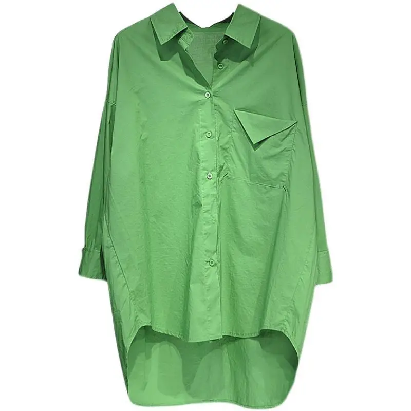 2024 Spring New Literary Large Size Loose Solid Color Polo Collar Long sleeved Shirt Women's Shirt Top
