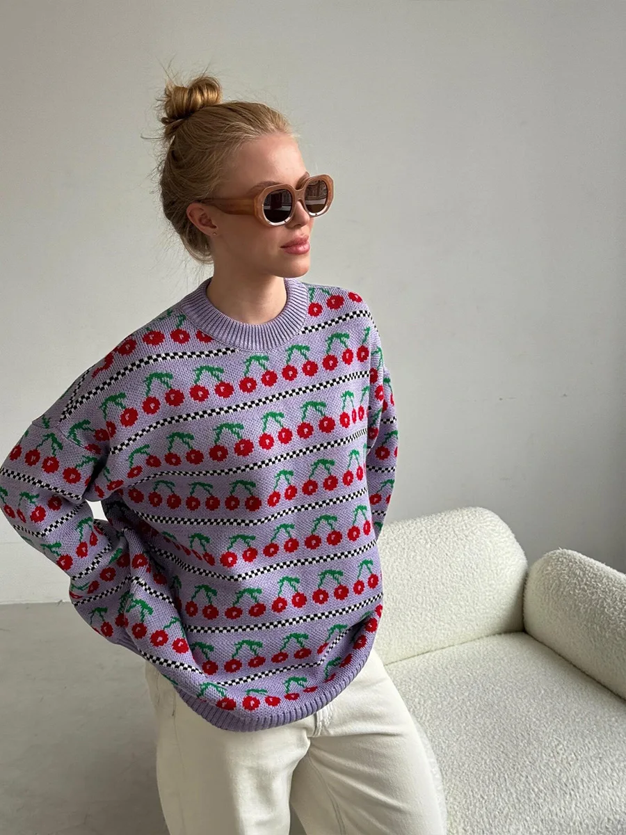 Printed Knit Sweater Pullover For Women Loose Patchwork Contrast Long Sleeve Vintage Fashion Top Knitwear Women's Pullover