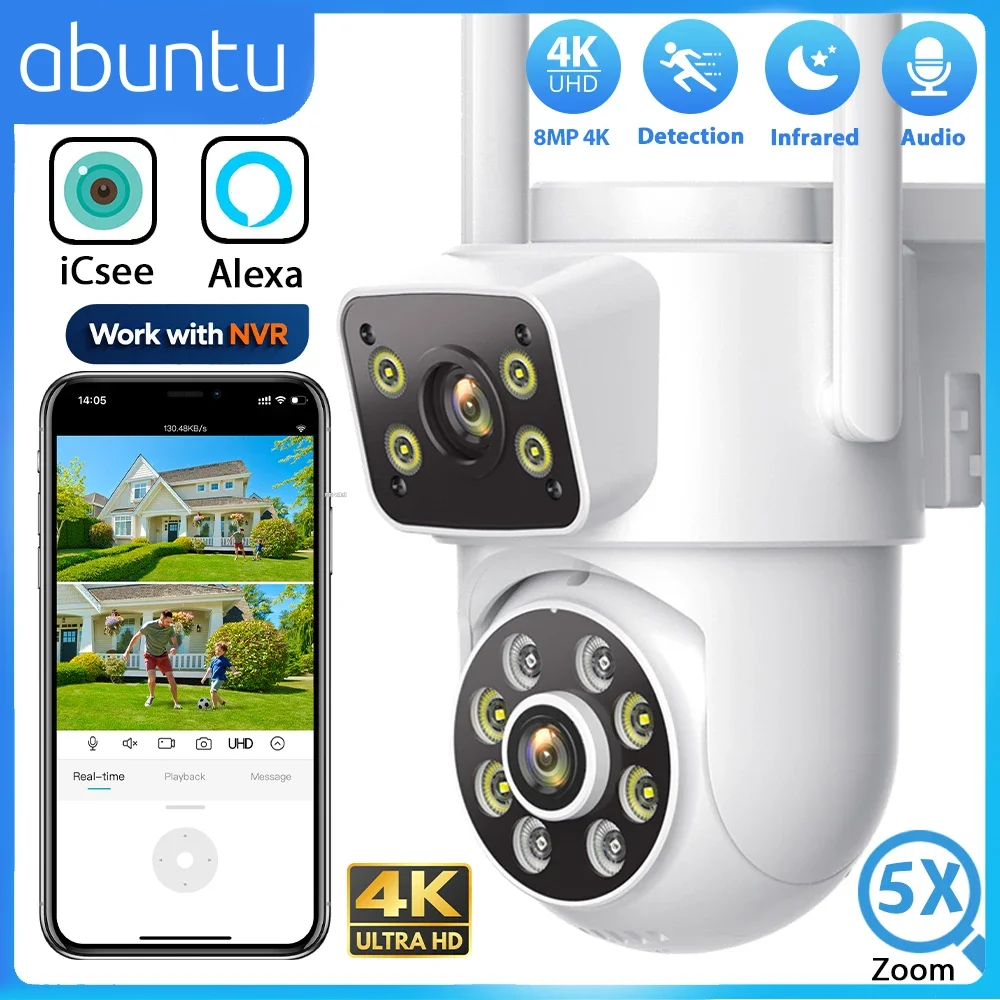 8MP 4K Wifi PTZ Camera Dual Lens Dual Screens Surveillance Camera Outdoor 2MP 4MP HD Night Vision Home Security Camera ICSEE APP 1